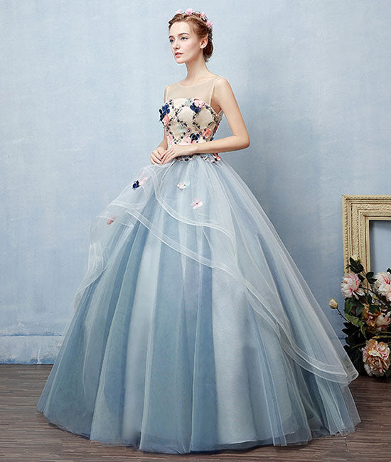 
                  
                    Unique round neck tulle applique long prom dress, blue evening dress - shdress
                  
                