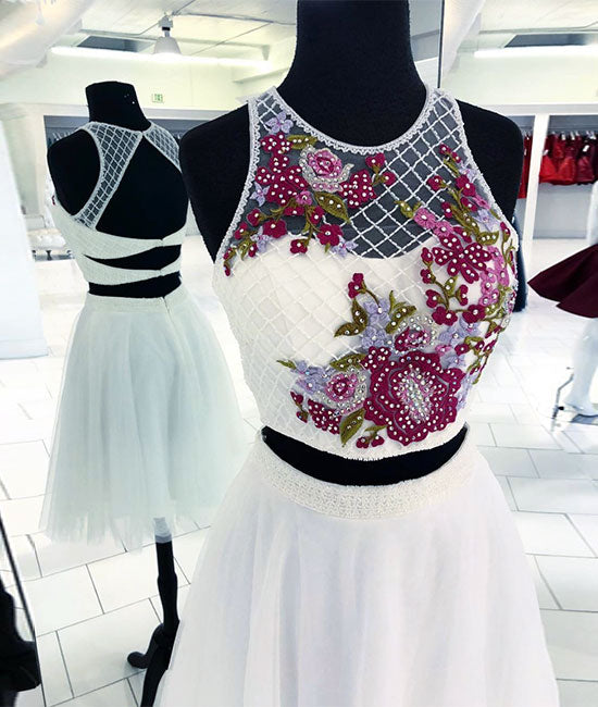 White round neck two pieces beads short prom dress, white homecoming d shdress White round neck two pieces beads short prom dress, white homecoming d shdress
