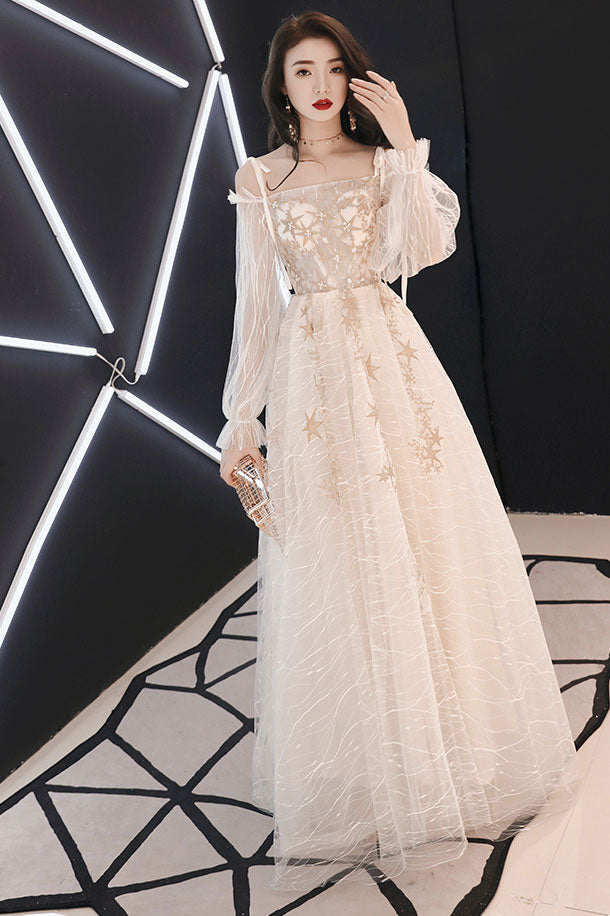 Champagne tulle lace long prom dress, champagne lace evening dress