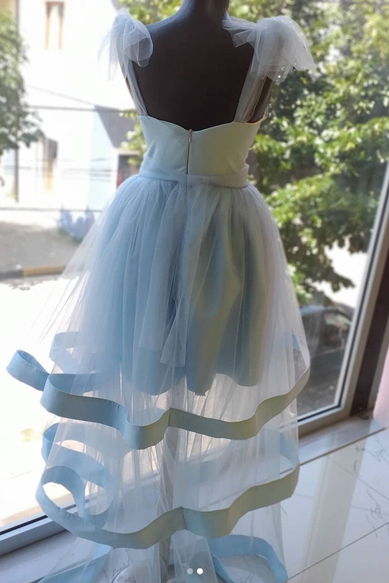 Simple blue tulle short prom dress, blue tulle homecoming dress