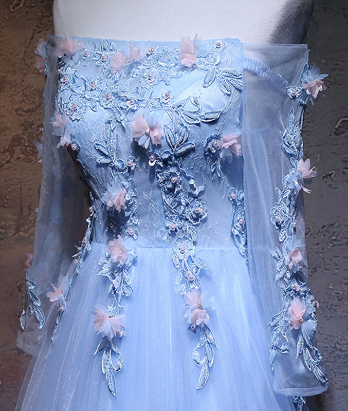 
                  
                    Unique tulle lace applique long prom dress, blue evening dress - shdress
                  
                