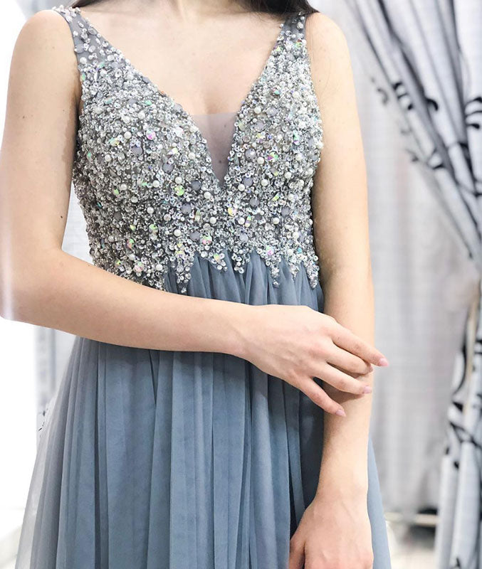 Gray v neck tulle beads sequin long prom dress, gray evening dress