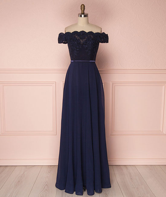 
                  
                    Dark blue off shoulder chiffon lace long prom dress, dark blue bridesmaid dress - shdress
                  
                