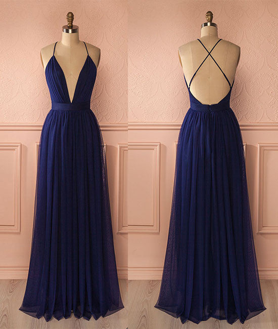 Simple v neck dark blue tulle long prom dress, evening dress - shdress