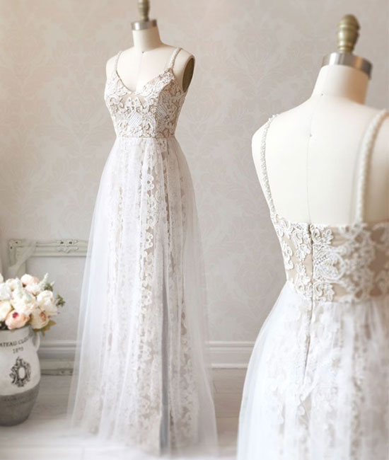 White v neck tulle lace long prom dress, white evening dress - shdress