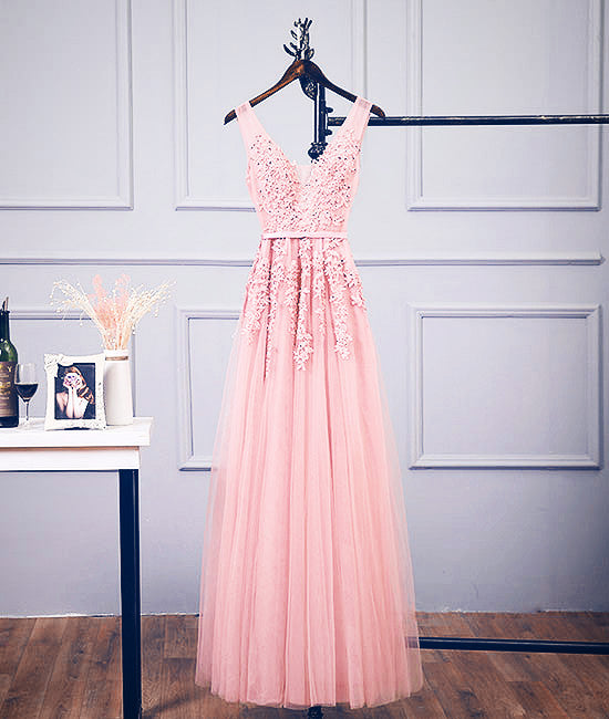 
                  
                    Pink v neck tulle lace applique long prom dress, pink bridesmaid dress - shdress
                  
                