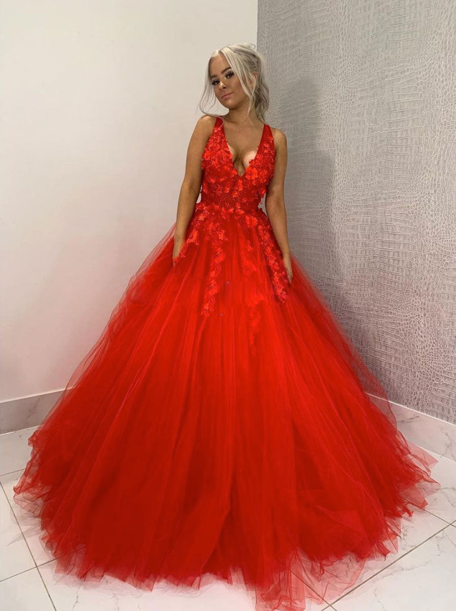 Red v neck tulle lace applique long prom dress, tulle formal dress