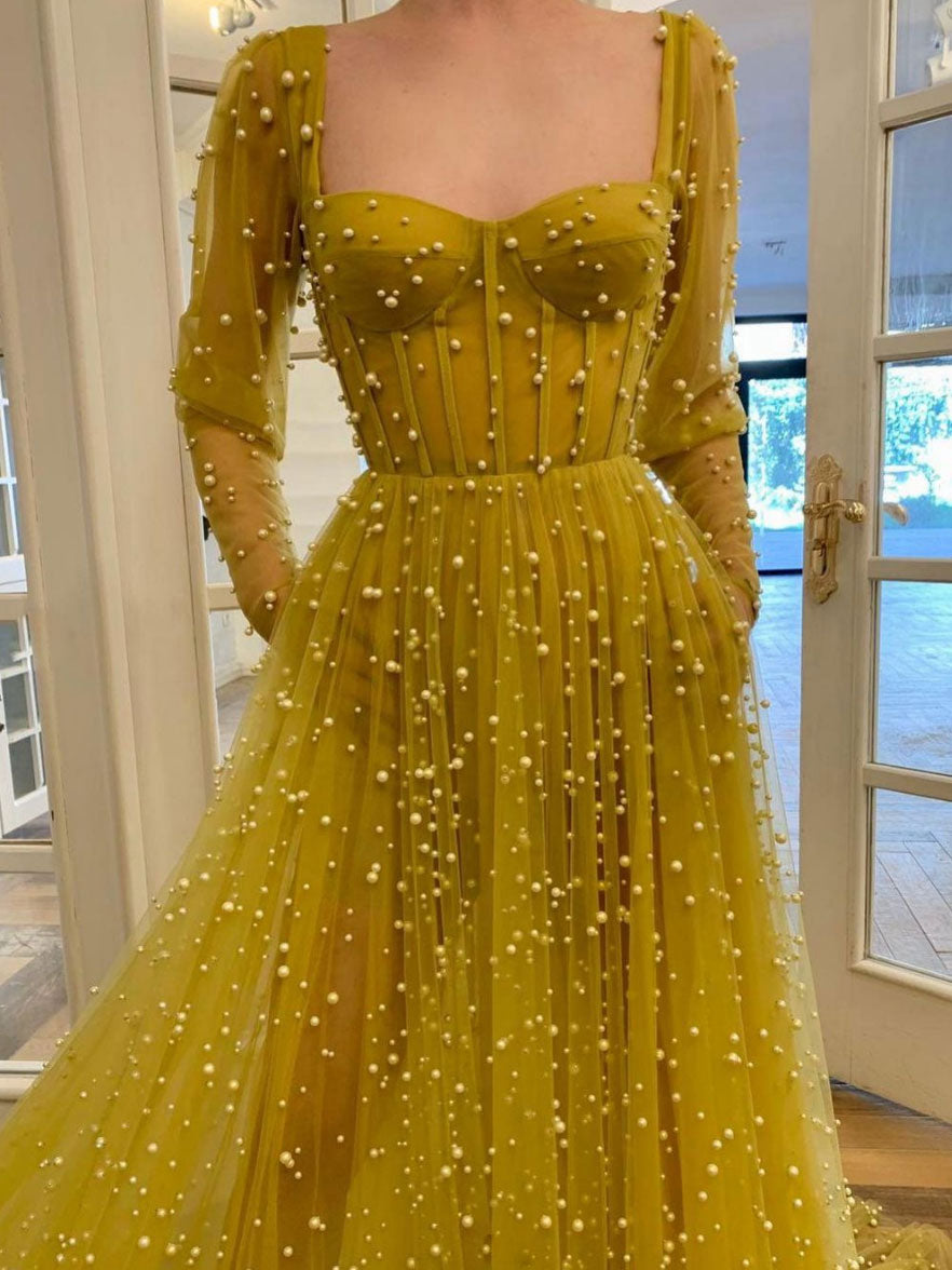 Yellow sweetheart tulle beads long prom dress, yellow evening dress – shdress