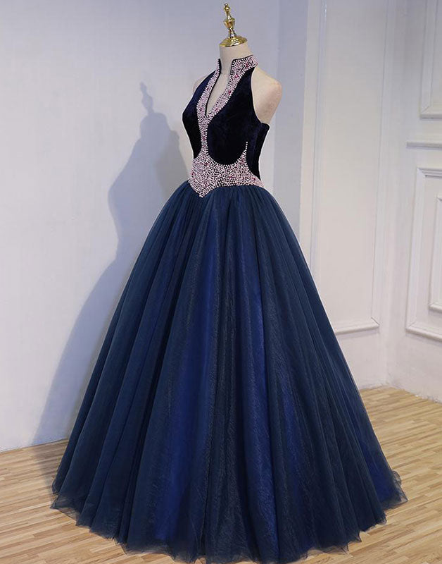 Dark blue tulle beads long prom dress, dark blue evening dress