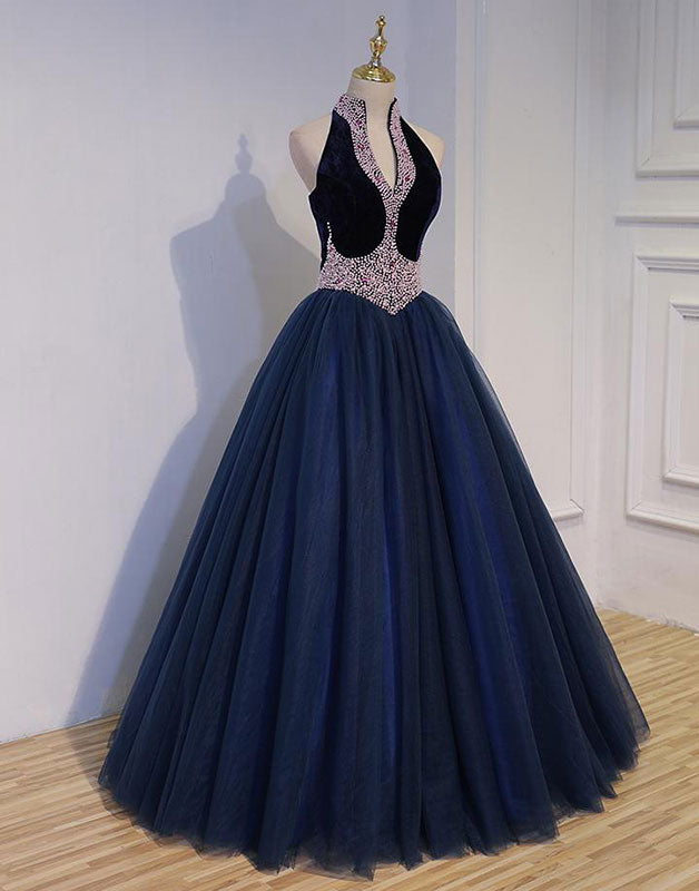 Dark blue tulle beads long prom dress, dark blue evening dress