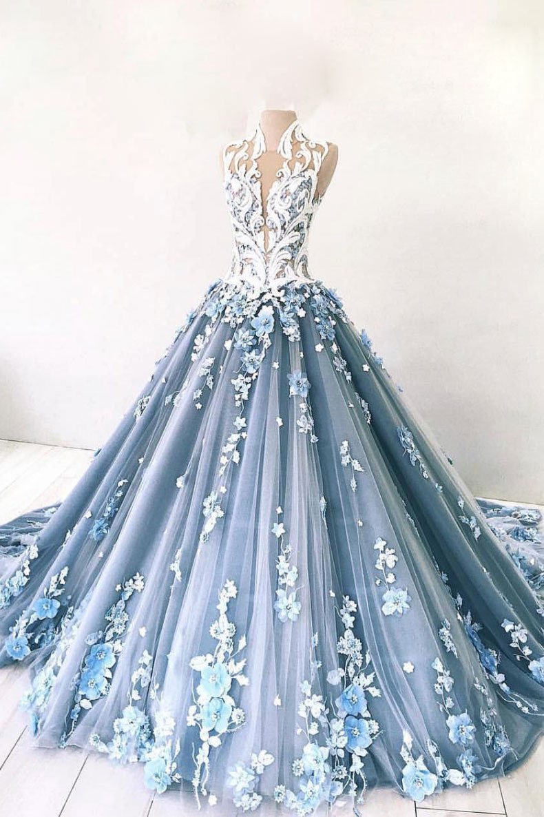 Unique high neck tulle lace long prom dress blue tulle lace evening dress