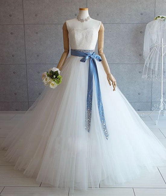 White tulle lace long pom dress, white tulle wedding dress - shdress