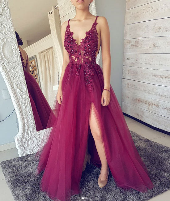 Unique v neck tulle beads lace long prom dress, tulle evening dress - shdress