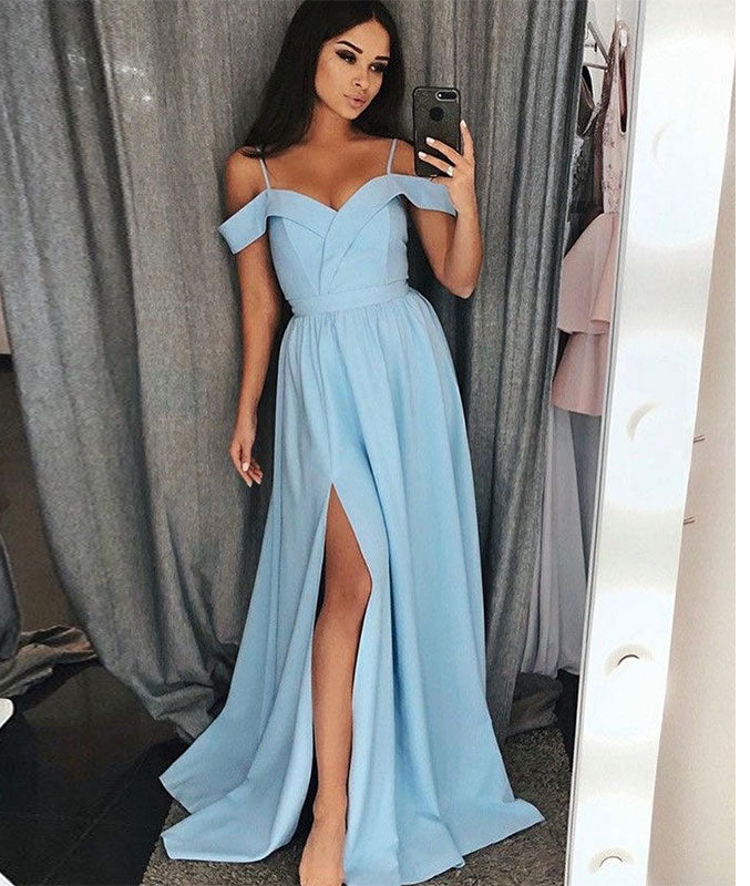Simple blue long prom dress, blue evening dress