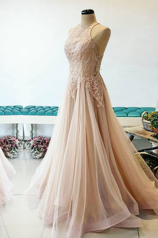 
                  
                    Champagne tulle lace long prom dress, champagne tulle evening dress
                  
                
