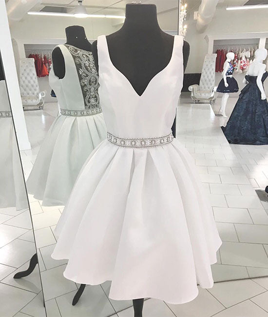 White v neck beads short prom dress, white homecoming dress - shdress