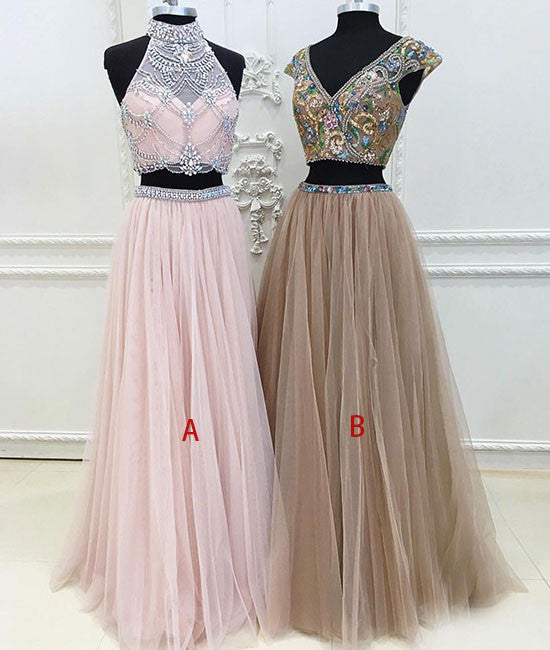 Unique two pieces tulle long prom dress, unique evening dress - shdress
