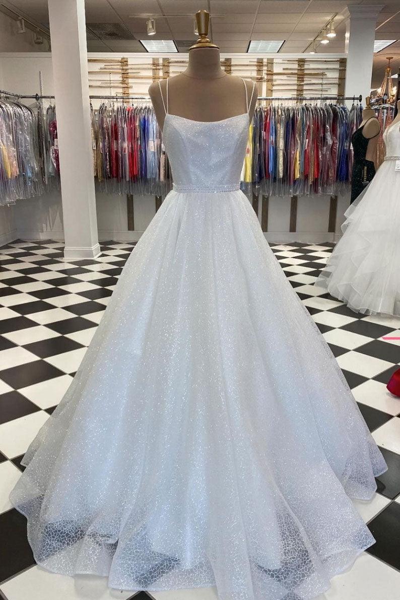 White tulle sequin long prom dress white tulle evening dress