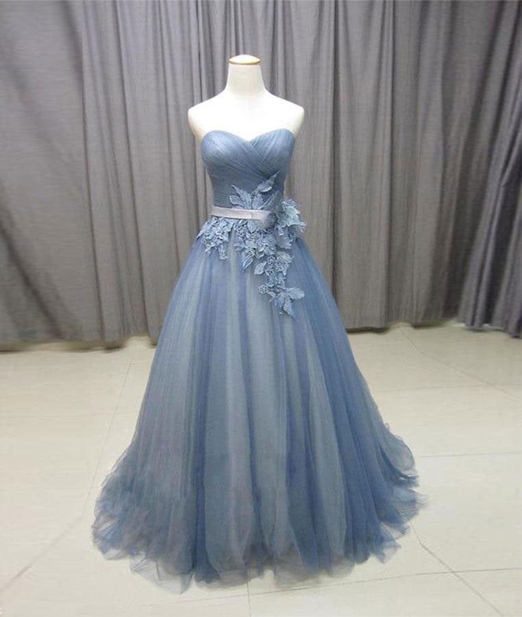 Simple gray blue tulle lace applique long prom dress, tulle evening dr – shdress