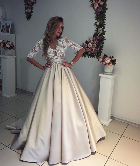 Unique Champagne v neck lace prom dress, champagne wedding dress shdress Unique Champagne v neck lace prom dress, champagne wedding dress shdress