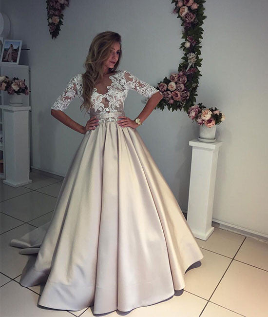 Unique Champagne v neck lace prom dress, champagne wedding dress - shdress
