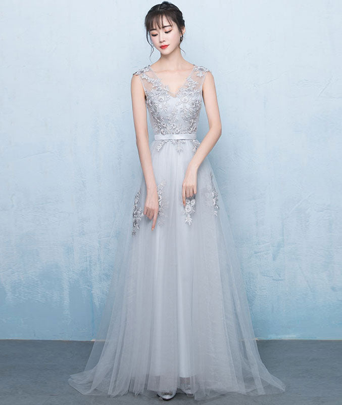 
                  
                    Gray v neck tulle lace applique long prom dress, gray bridesmaid dress - shdress
                  
                