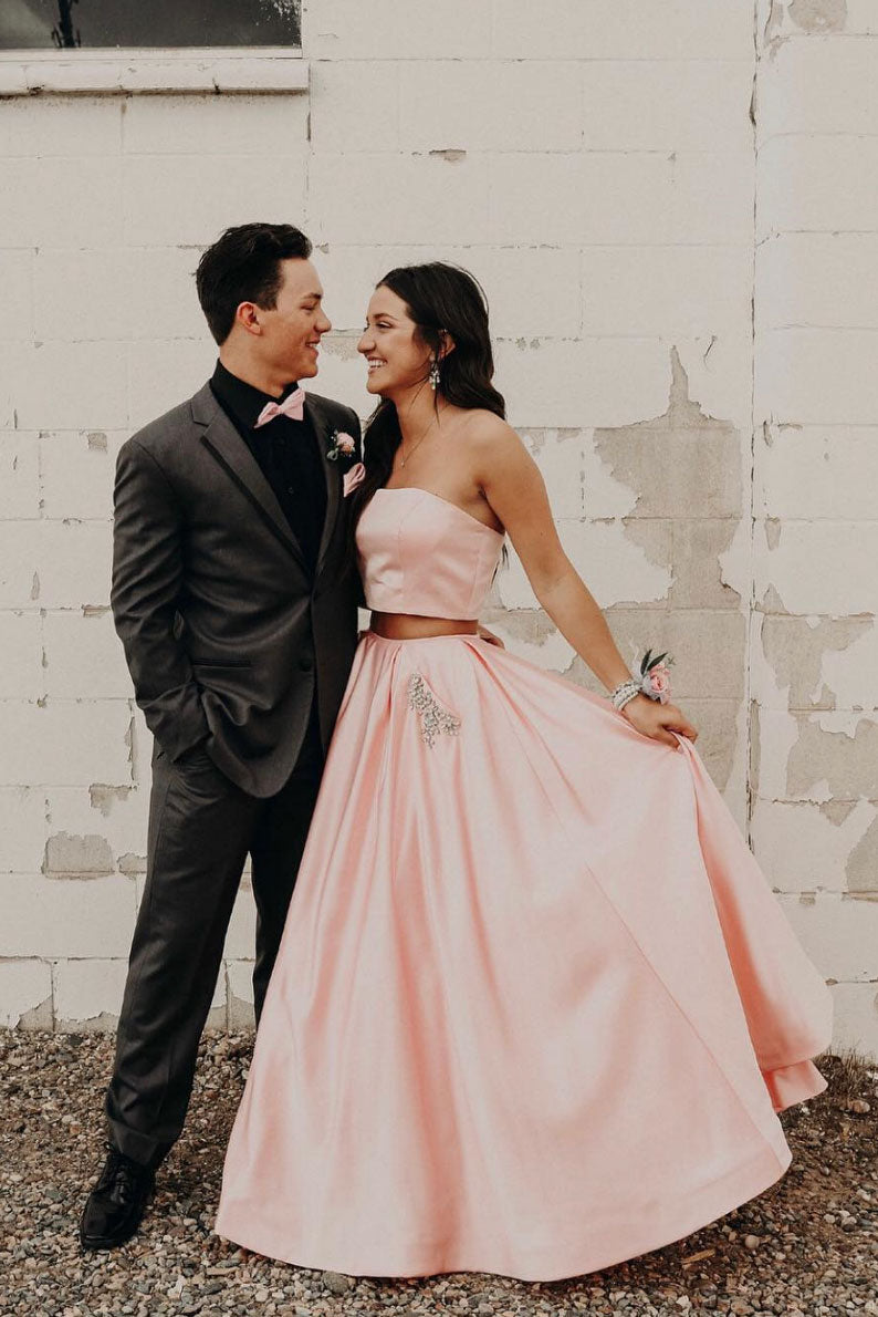Simple two pieces satin long prom dress, pink evening dress shdress Simple two pieces satin long prom dress, pink evening dress shdress