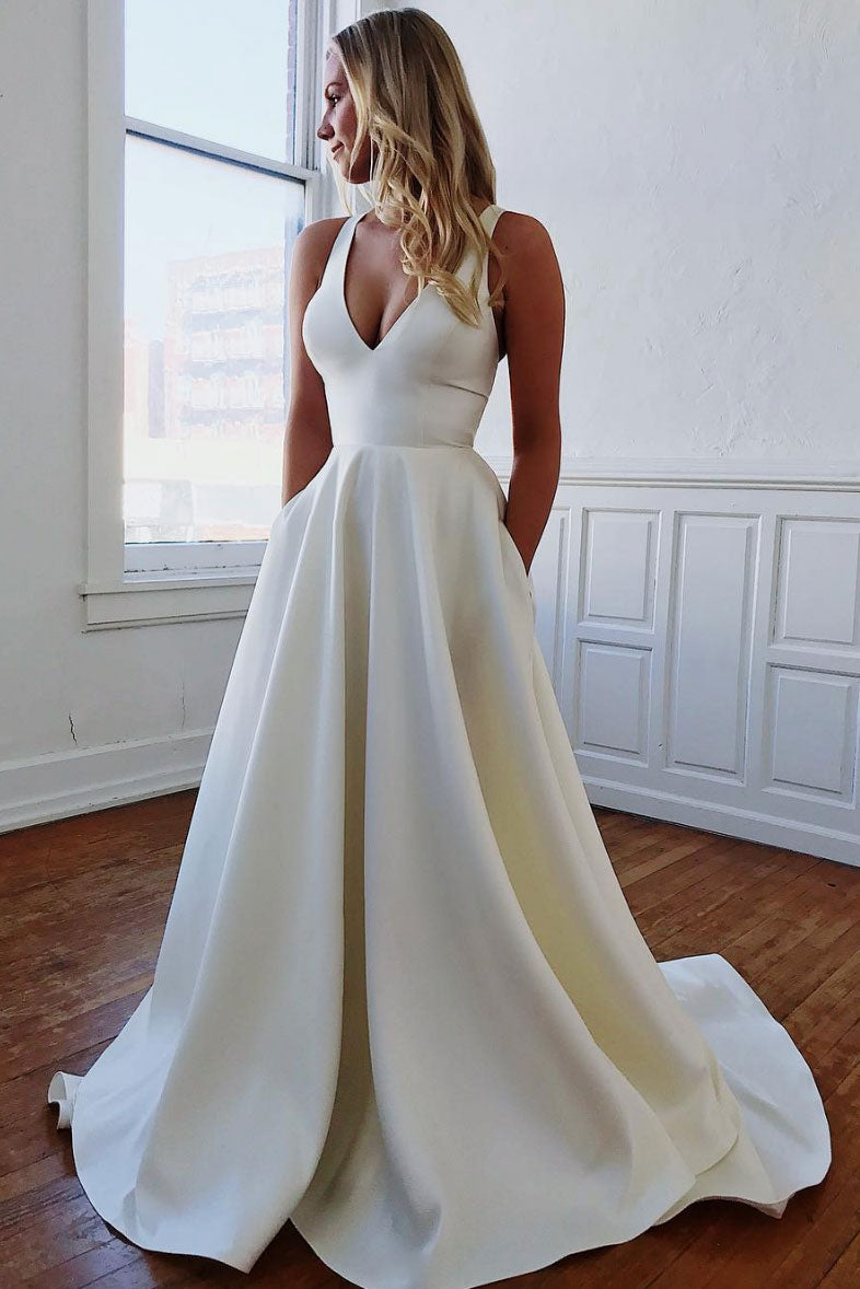 Simple white satin long prom dress, white evening dress shdress Simple white satin long prom dress, white evening dress shdress