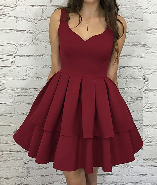 
                  
                    Simple burgundy v neck short prom dress, burgundy homecoming dress - shdress
                  
                