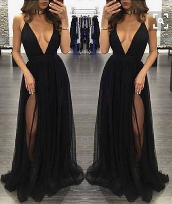 Simple v neck chiffon long prom dress, black evening dress - shdress