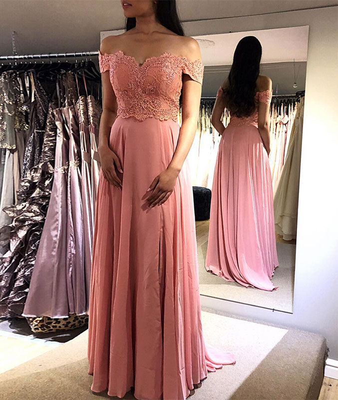 Pink chiffon lace long prom dress, pink lace evening dress - shdress