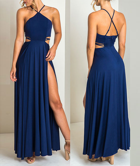 Simple blue chiffon long prom dress, blue chiffon evening dress - shdress