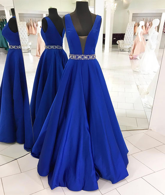 Dark blue v neck long prom dress blue evening dress - shdress