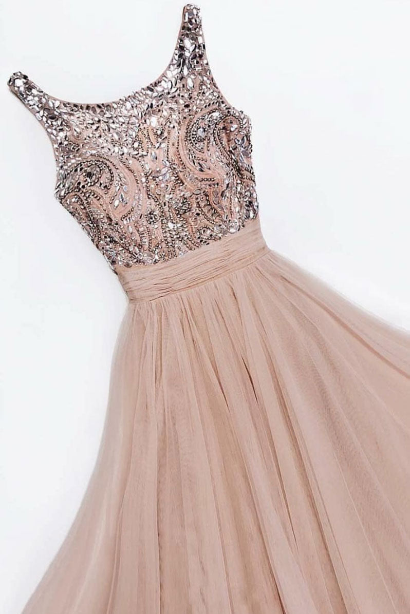 Champagne round neck tulle long prom dress, champagne evening dress