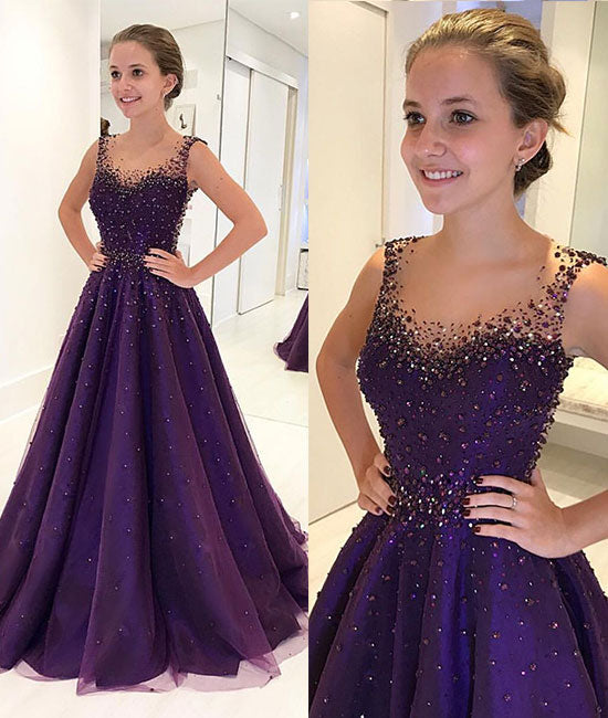 Purple round neck tulle beads long prom dress, purple evening dress - shdress
