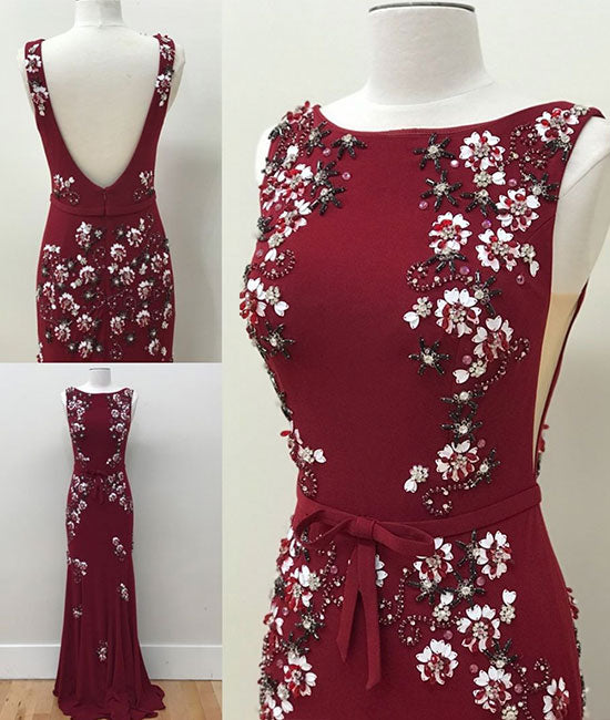 Unique round neck chiffon beads long prom dress, burgundy evening dress - shdress
