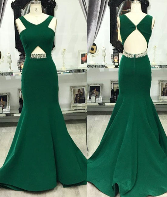 Green v neck mermaid long prom dress, green evening dress for teens - shdress