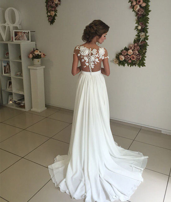 ivory chiffon lace round neck long prom dress, evening dress - shdress