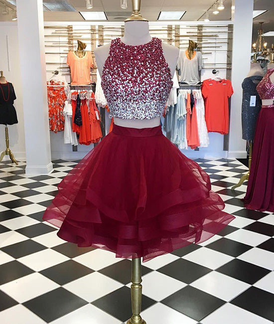 Burgundy two pieces sequin tulle short prom dress, homecoming dress - shdress