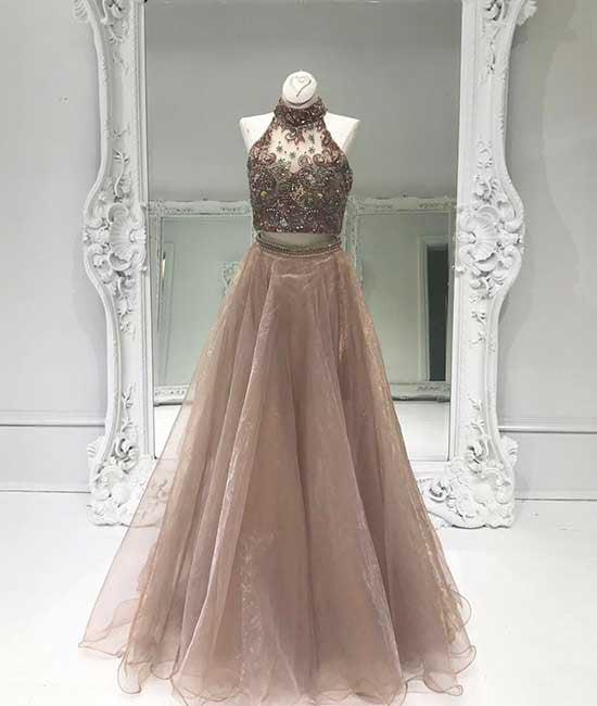 champagne two pieces beads long prom dress, evening dress - shdress