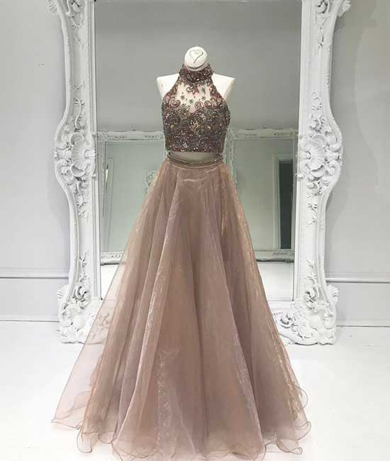 champagne two pieces beads long prom dress, evening dress shdress champagne two pieces beads long prom dress, evening dress shdress
