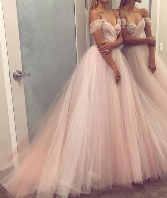 Simple sweetheart tulle champagne long prom dress, evening dress - shdress
