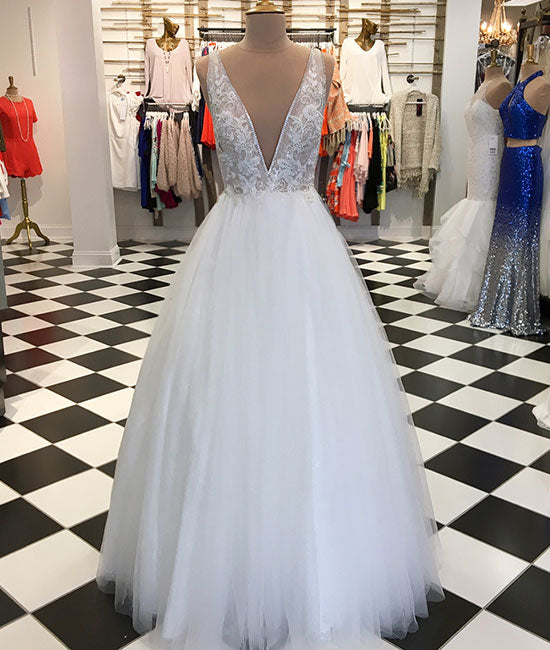 White v neck tulle lace applique long prom dress, white evening dress - shdress
