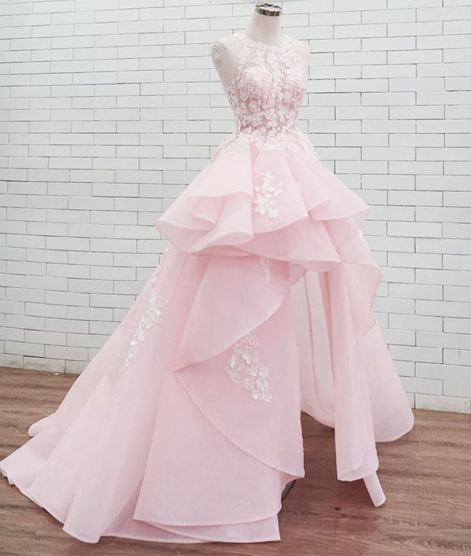 PinK lace tulle long prom dress, pink tulle evening dress - shdress