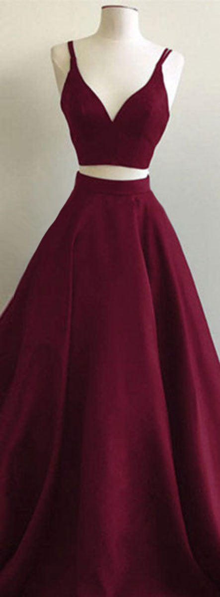 
                  
                    Simple two pieces burgundy long prom dress, burgundy evening dress - shdress
                  
                