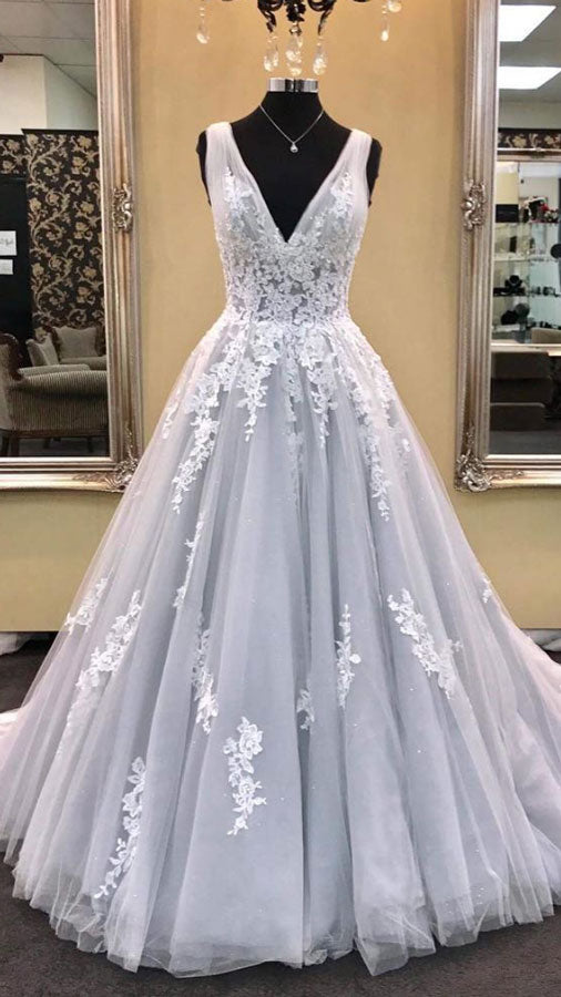 
                  
                    Gray v neck tulle lace applique long prom dress, gray evening dress - shdress
                  
                