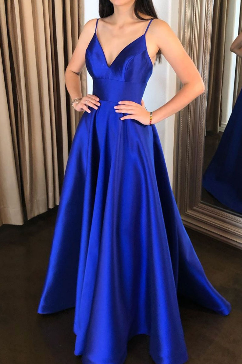 Simple v neck blue satin long prom dress blue evening dress