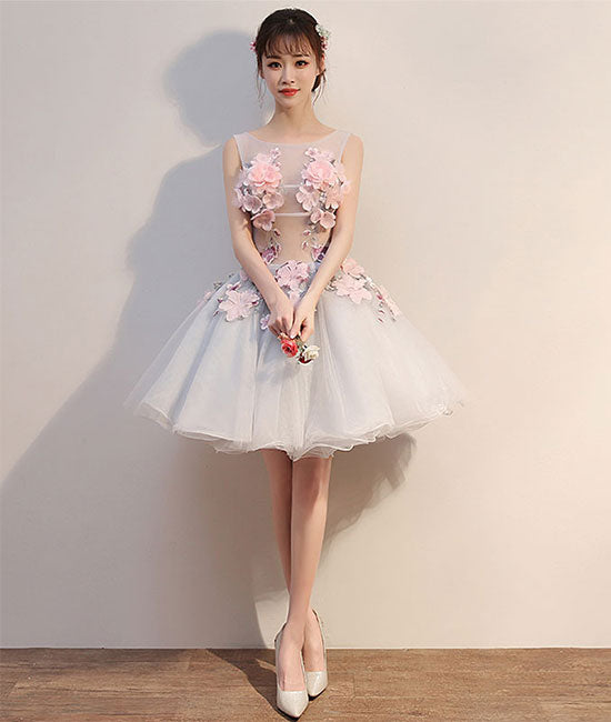 Gray round neck tulle lace applique short prom dress, homecoming dress shdress Gray round neck tulle lace applique short prom dress, homecoming dress shdress