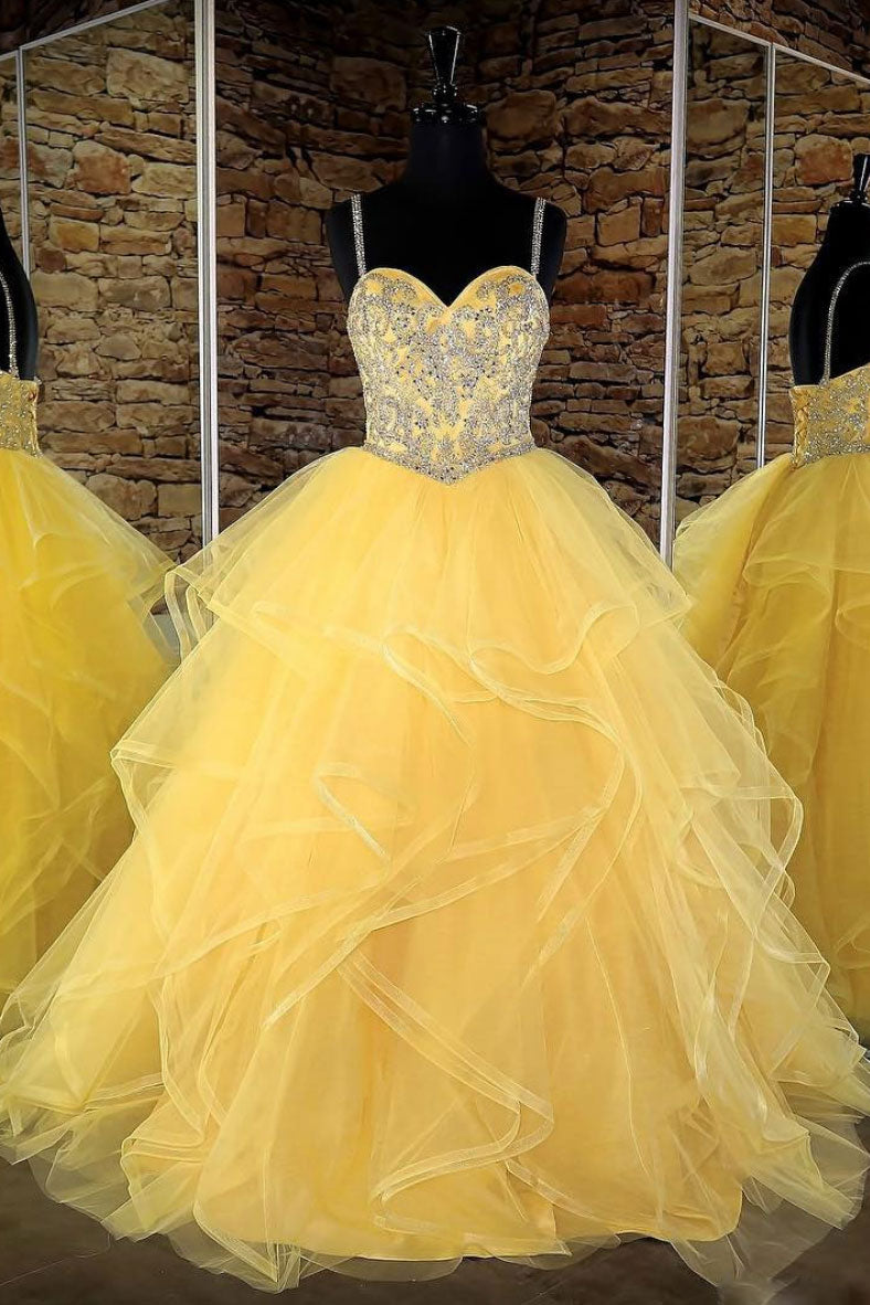 Yellow sweetheart tulle sequin long prom dress, yellow evening dress shdress Yellow sweetheart tulle sequin long prom dress, yellow evening dress shdress