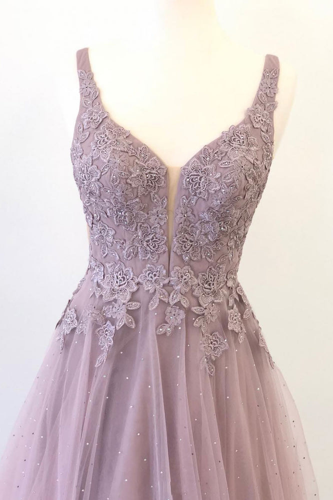 
                  
                    Unique v neck tulle lace long prom dress, tulle evening dress
                  
                